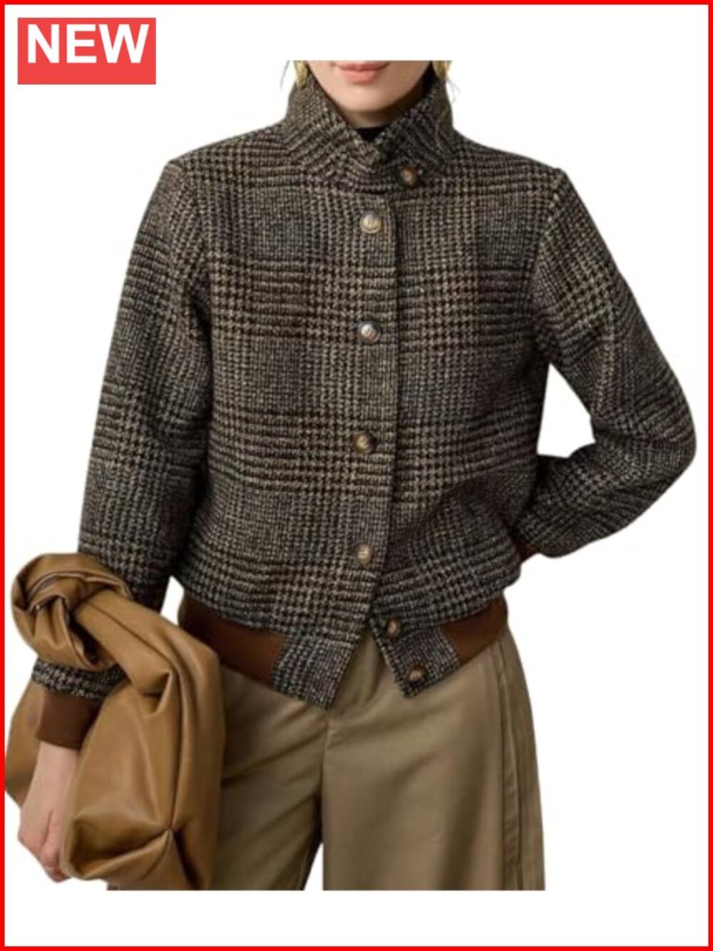 Wool Blend Plaid Crop Bomber Jacket Notch Collar Button Front